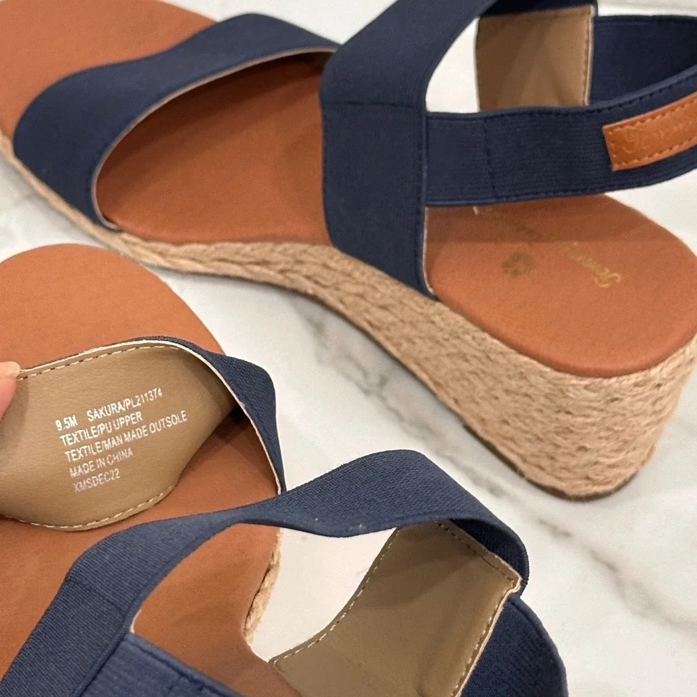 Tommy Bahama Sakura Wedge Espadrilles Heel Sandals Navy Blue Vacation Boho 9.5 M